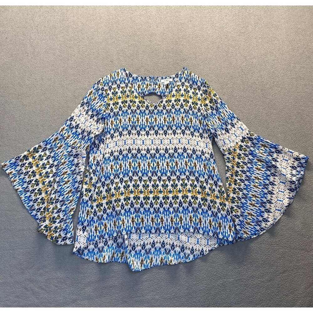 Cato Womens Blue Geometric Print Top Bell Sleeves  Lightweight Boho Large,Blouse